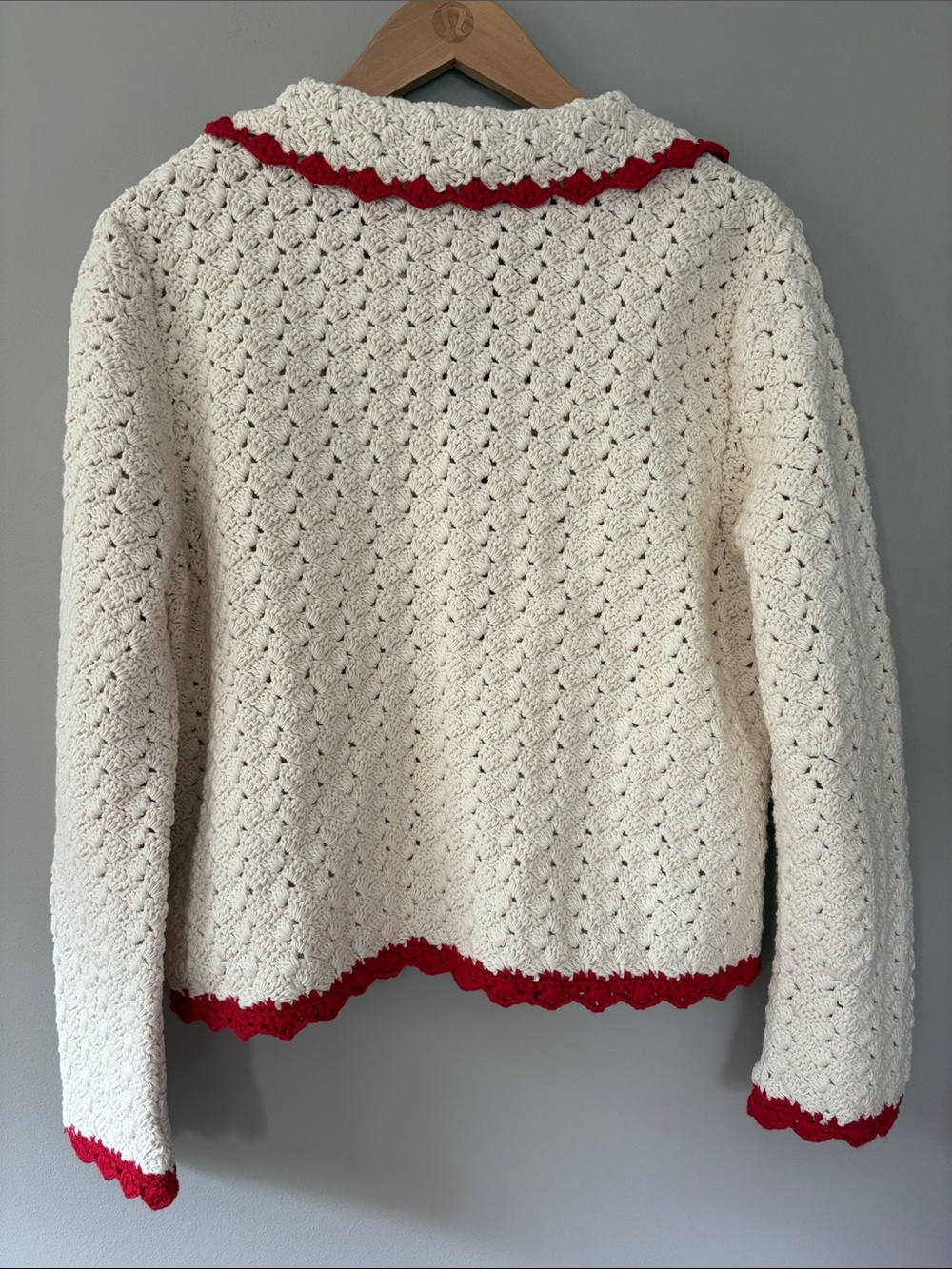 Alex Mill Molly Hand Crochet Knit Cardigan Cream  Red Large Cottagecore Coastal - Picture 8 of 10